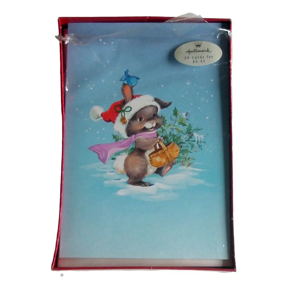 Hallmark Christmas Cards Bunny Rabbit Santa Hat Holiday Box of 17 Unused Vintage